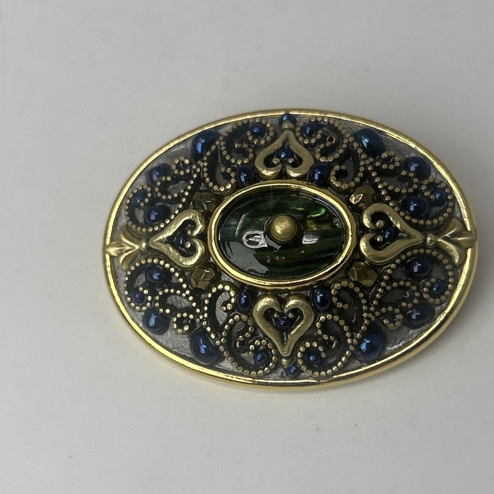 Vtg Signed MICHAL GOLAN Oval Brooch Pin Gold Tone Filigree Blue Beads Green